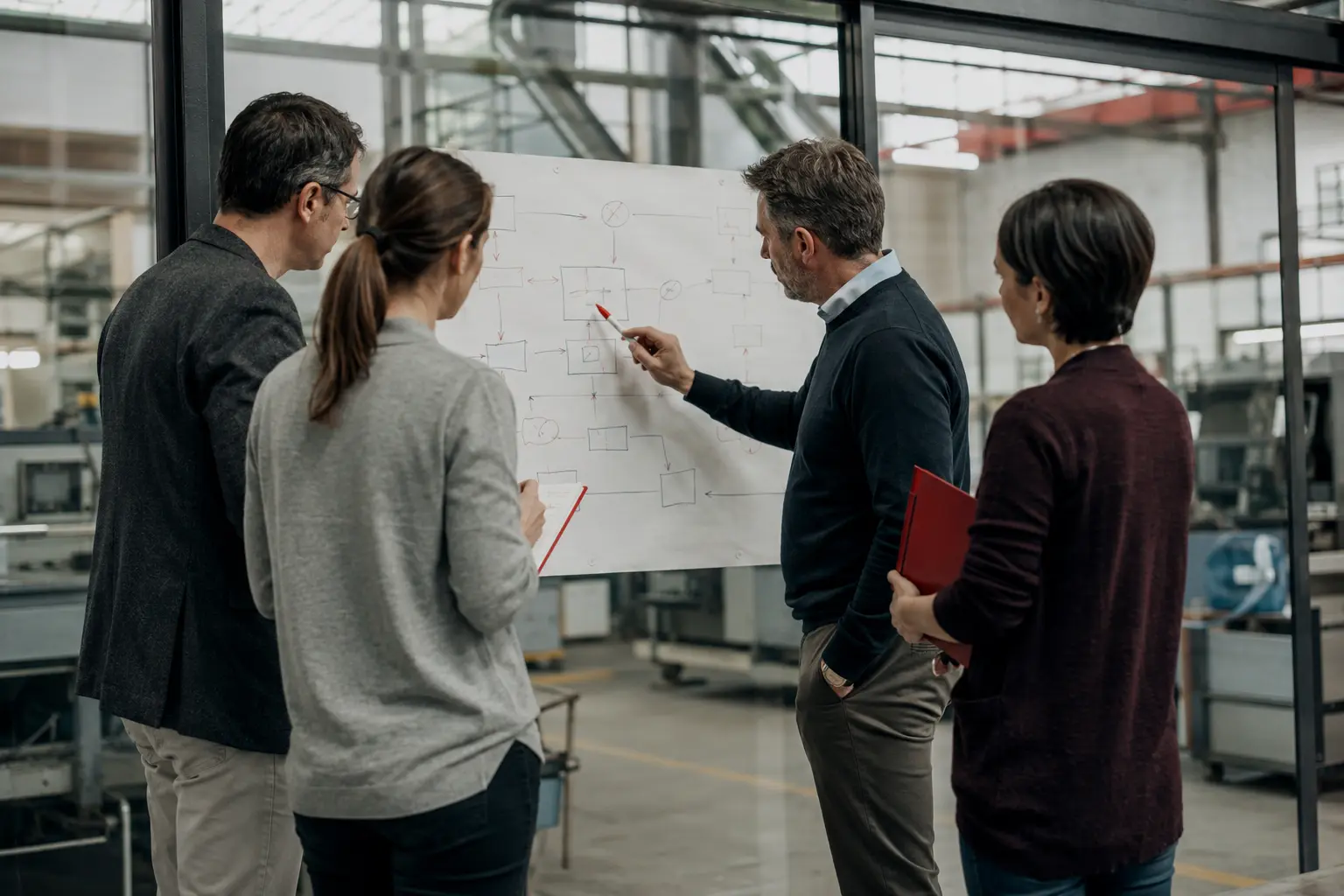 Professionisti al lavoro su un flusso organizzativo in ambiente industriale